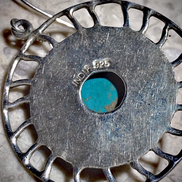 Vintage Turquoise Earrings Handmade in India Large Sun Dangle Earrings Sterling - Picture 3 of 9